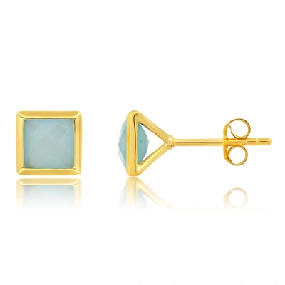 Nicole Miller Sterling Silver And 14k Yellow Gold Plated Princess Cut 6mm Gemstone Square Stud Earrings With Push  In White