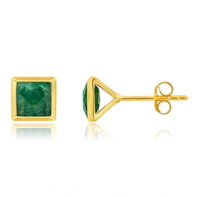 Nicole Miller Sterling Silver And 14k Yellow Gold Plated Princess Cut 6mm Gemstone Square Stud Earrings With Push  In Green
