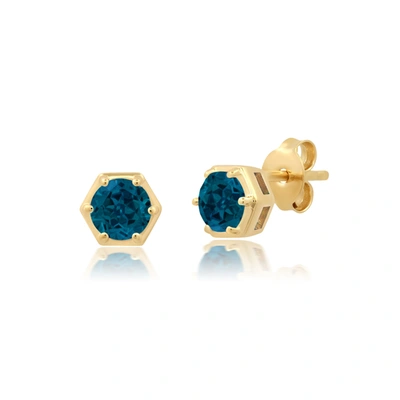 Nicole Miller Sterling Silver And 14k Yellow Gold Plated Round Cut 5mm Gemstone Hexagon Stud Earrings With Push Ba In Blue