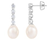 Splendid Pearls Bezel Cz Pearl Dangling Earrings Set In Sterling Silver In White