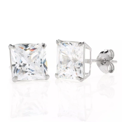 Ballstudz 14k White Gold Square Basket Setting Simulated Diamond Stud Earrings In Silver