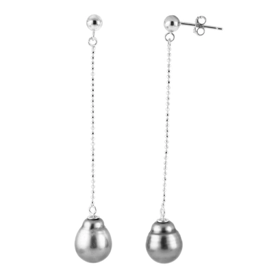 Splendid Pearls Rhodium Plated 9-10mm Tahitian Pearl Earrings In Silver