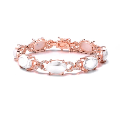 Genevive .925 Sterling Silver Rose Gold Plated Howlite And Cubic Zirconia Link Bracelet In Pink