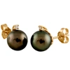 SPLENDID PEARLS 14K GOLD DIAMOND ACCENTED TAHITIAN PEARL STUD EARRINGS