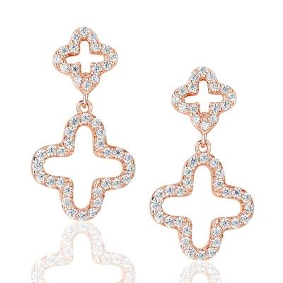 Suzy Levian Cubic Zirconia Rose Sterling Silver Double Clover Dangle Earrings In Pink