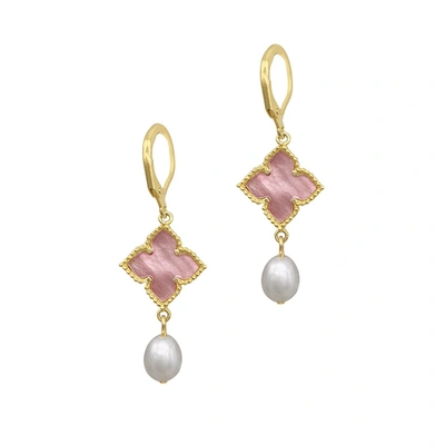 Adornia Floral And Pearl Drop Earrings Pink Mother Of Pearl Gold