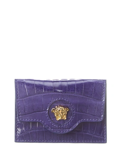 Versace La Medusa Croc-embossed Leather Card Holder In Purple