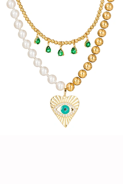 Eye Candy La Luxe Collection Shell Pearl Cz Eye Heart Necklace In Gold