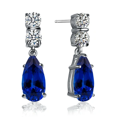 Genevive Sterling Silver Sapphire Cubic Zirconia Teardrop Earrings In Blue