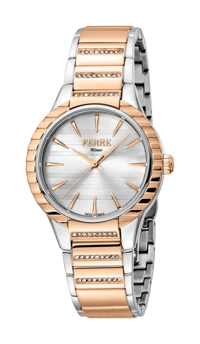 Ferre Milano Ladies Silver Dial Ss Mb.middle Links In Rg. Watch In White
