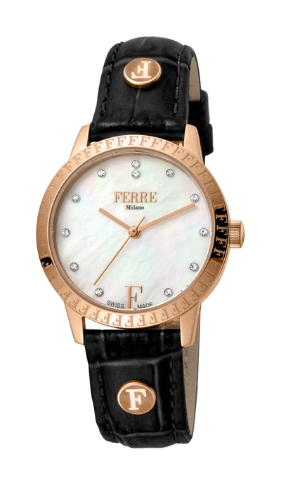 Ferre Milano Ladie's White Mop Dial Leather Watch In Black