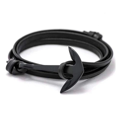 Stephen Oliver Black Plated Anchor Wrap Leather Bracelet