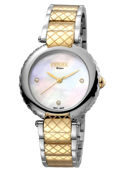 Ferre Milano White Mother Of Pearl Dial Ladies Watch Fm1l099m0081 In Two Tone  / Gold Tone / Mother Of Pearl / Silver / White