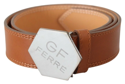 Gf Ferre' Brown Silver Logo Hexagon Buckle Waist Leather Belt