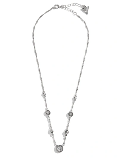 Guess Factory Crystal Logo Button Necklace In Silver