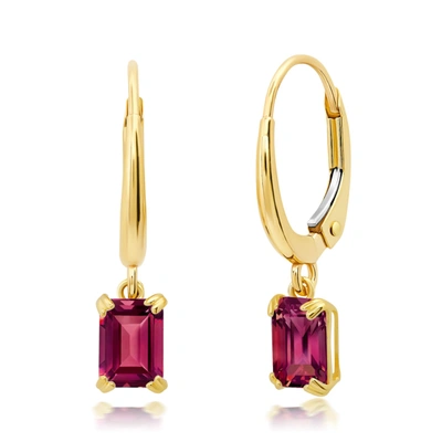 Nicole Miller 10k White Or Yellow Gold Emerald Cut 6x4mm Gemstone Dangle Lever Back Earrings With Push Backs In Pink