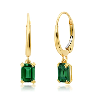 Nicole Miller 10k White Or Yellow Gold Emerald Cut 6x4mm Gemstone Dangle Lever Back Earrings With Push Backs In Green