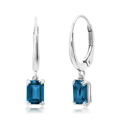 Nicole Miller 10k White Or Yellow Gold Emerald Cut 6x4mm Gemstone Dangle Lever Back Earrings With Push Backs In Blue