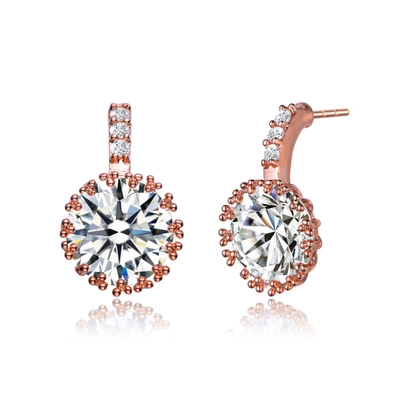 Genevive Ga Sterling Silver With Rose Gold Plated Clear Round Cubic Zirconia Solitaire Triple Prong Drop Earr In Pink