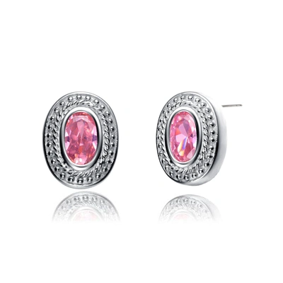 Genevive Sterling Silver Pink Cubic Zirconia Oval Stud Earrings