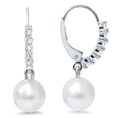 Pompeii3 1/4ct Diamond Dangle Lever Back Hoops & Pearl Earrings 14k White Gold In Silver