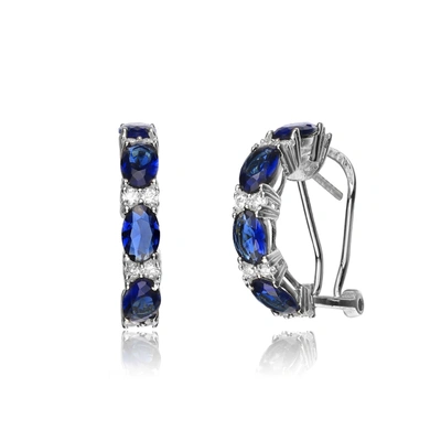 Genevive Sterling Silver Sapphire Cubic Zirconia Petite Hoop Earrings In Blue