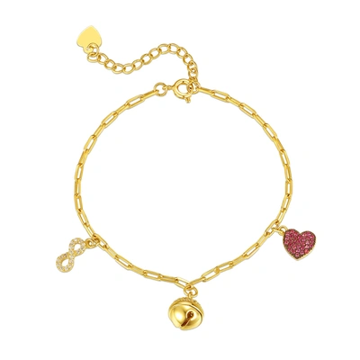 Rachel Glauber Ra 14k Yellow Gold Plated With Ruby & Diamond Cubic Zirconia Heart, Cowbell, And Infinity Dangle Cha In Red