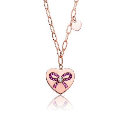 Genevive Sterling Silver Rose Gold Plated Heart Paper Clip Chain Necklace In Pink