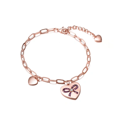 Genevive .925 Sterling Silver Rose Gold Plated Heart Paper Clip Chain Bracelet In Pink