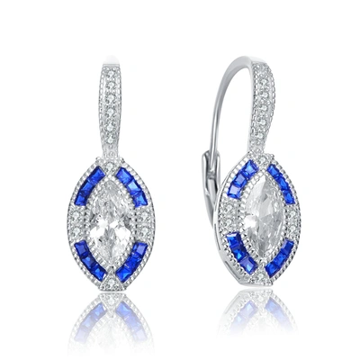 Genevive Sterling Silver With White Gold Plated And Sapphire Cubic Zirconia Leverback Earrings In Blue