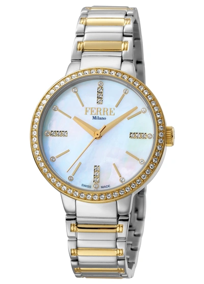 Ferre Milano White Mother Of Pearl Dial Ladies Watch Fm1l084m0101 In Two Tone  / Gold Tone / Mother Of Pearl / White