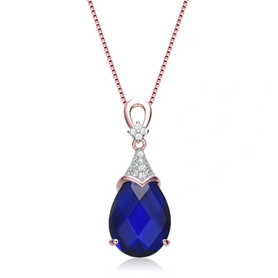 Genevive Sterling Silver Rose Gold Plated Cubic Zirconia Necklace In Blue