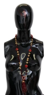Dolce & Gabbana Gold Tone Brass Red Crystals Pendant Opera Chain  Necklace In Black