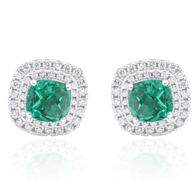 Pompeii3 4ct Emerald & Lab Grown Diamond Cushion Halo Studs 14k White Gold In Green
