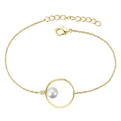 Genevive 14k Gold Plated With White Freshwater Pearl Solitaire Asymmetrical Wire Halo Delicate Bracelet