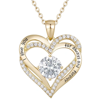 Rachel Glauber Ra 14k Gold Plated With Cubic Zirconia Double Heart Pendant In Silver