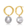 Genevive Sterling Silver Gold Plated Freshwater Button Pearl Drop Earrings In Silver