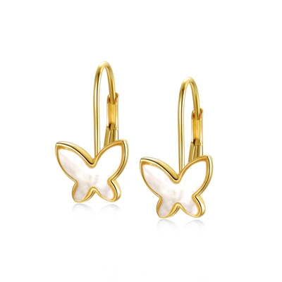 Rachel Glauber 14k Yellow Gold With Mother Of Pearl Butterfly Inlay Dangle Drop Leverback Earrings