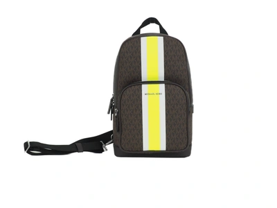 Michael Kors Cooper Medium Signature Pvc Varsity Stripe Commuter Slingpack Crossbody Bag (women's Signature/neon) In Brown
