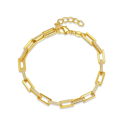 Rachel Glauber Rg 14k Gold Plated With Diamond Cubic Zirconia Rectangular Cable Link Adjustable Bracelet In White