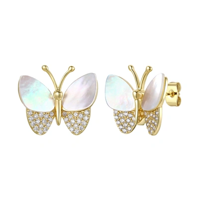 Rachel Glauber Rg Large 14k Gold Plated With Mother Of Pearl & Diamond Cubic Zirconia Butterfly Stud Earrings In White