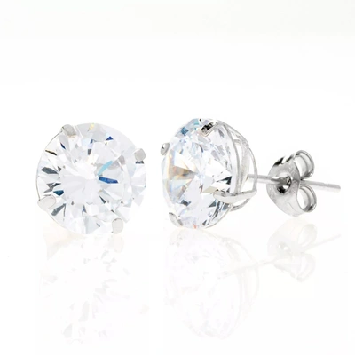 Ballstudz 14k White Gold Round Basket Setting Simulated Round Diamond Stud Earrings In Silver