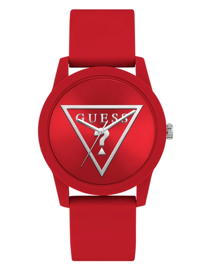 Guess Factory Silver-tone And Red Silicone Analog Watch