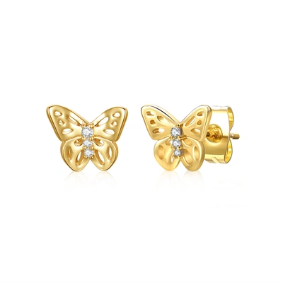 Rachel Glauber Ra 14k Yellow Gold Plated With Ruby Cubic Zirconia 3-stone Filigree Butterfly Stud Earrings