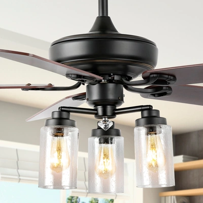 Jonathan Y Lucas 52" 3-light Rustic Industrial Iron/wood/seeded Glass Mobile-app/remote-controlled Led Ceiling In Black