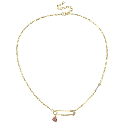 Rachel Glauber Rg Children's 14k Gold Plated With Ruby & Diamond Cubic Zirconia Heart Charm Dangle Paperclip Adjust In Pink