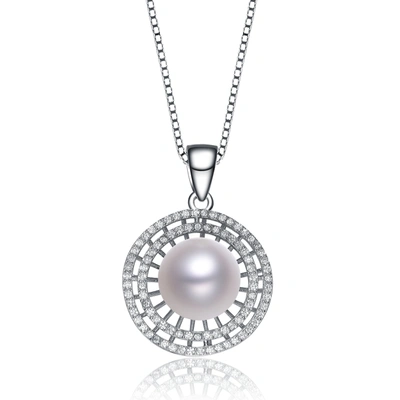 Genevive C.z. Sterling Silver Rhodium Plated Round Pearl Pendant In White