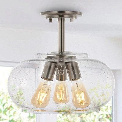 Jonathan Y Lina 13.75" 3-light Modern Industrial Iron, Seeded Glass Led Semi Flush Mount In Nickel