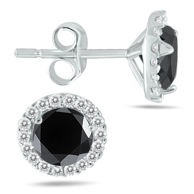 Monary 1 1/4 Carat Tw Black And White Diamond Halo Earrings In 14k White Gold In Silver