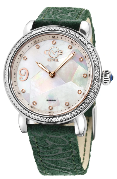 Gv2 Ravenna Womens Mother Of Pearl Dial Green Suede Embossed Strap Watch In Silver